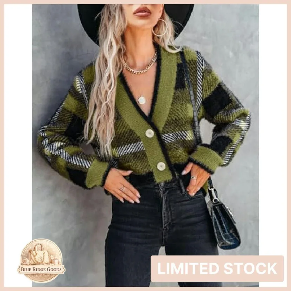 Plaid Fuzzy Knit V-Neck Cardigan Cozy Oversized Chic Fall Pullover - Picture 3 of 8